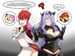 alzul-blue blush boo_(mario) bow breasts brown_hair camilla_(fire_emblem_fates) cleavage closed_eyes crossover dialogue embarrassed english_text femdom femsub fire_emblem fire_emblem_fates ghost gloves hair_covering_one_eye happy_trance hat hinoka_(fire_emblem) lady_bow large_breasts long_hair maledom mario mrff25 mustache nintendo paper_mario possession purple_hair red_hair short_hair smile speech_bubble super_mario_bros. surprised text whitewash_eyes