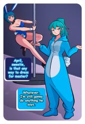  april_simmons_(gamingsm) ariel_simmons blue_eyes blue_hair bunnysuit disguised_hypnotist female_only femsub mother_and_daughter original pole_dancing text unaware unhappy_trance 