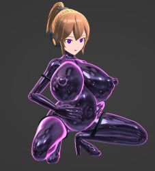  3d agent_mirai arm_bands bangs bodysuit brown_hair empty_eyes erect_nipples erect_nipples_under_clothes female_only femsub garter grey_background headphones high_heels huge_breasts mirai_(agent_mirai) original ponytail pregnant purple_eyes rubber simple_background slime solo spread_legs squatting umaaji_lady_mk2 