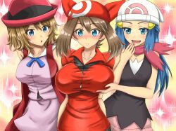 aged_up animated animated_gif blonde_hair blue_hair breasts brown_hair changer_(manipper) clothed dawn female_only femsub hat large_breasts may multiple_girls nintendo open_mouth pokemon pokemon_diamond_pearl_and_platinum pokemon_ruby_sapphire_and_emerald pokemon_x_and_y serena very_long_hair 