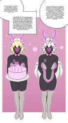  ahoge bangs blonde_hair bodysuit bow_tie breasts bunny_ears bunny_girl bunnysuit cake dialogue drone dronification ef-nsfw enemy_conversion faceless fate/grand_order fate_(series) jeanne_alter jeanne_d'arc_(fate) koyanskaya large_breasts latex long_hair pov pov_dom robotization standing standing_at_attention text thigh_boots white_hair 