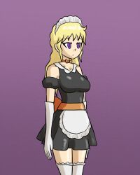 alternate_costume blonde_hair breasts clothed ellen_(nobody-kadaj) empty_eyes expressionless femsub gloves maid mythkaz opera_gloves original purple_background purple_eyes simple_background solo standing thighhighs very_long_hair