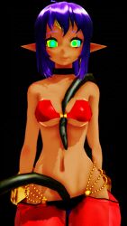  3d animated animated_gif breasts cleavage clothed crotch_rub dark_skin dazed elf_ears female_only femsub happy_trance kaa_eyes krackyart large_breasts long_hair midriff monster open_mouth purple_hair shantae shantae_(series) smile spiral_eyes symbol_in_eyes tentacles tongue vaginal 
