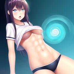  abs ai_art breasts femsub hypnotic_spiral long_hair muscle_girl open_mouth original panties shirt_lift spiral spiral_eyes stable_diffusion_(ai) symbol_in_eyes tomboy tongue underwear 