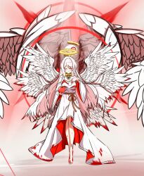 alternate_hairstyle angel angel_girl bare_legs barefoot blush breasts collar corruption eye_color_change faust_(limbus_company) feet femsub food halo hjhjb47 legs levitation limbus_company lobotomy_corporation long_hair multicolored_hair one_eye_open possession red_eyes red_hair robe smile very_long_hair whitenight_(lobotomy_corporation) wings 