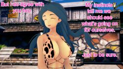 aware bikini black_hair breasts closed_eyes dialogue drasna_(pokemon) english_text female_only mustardsauce pokemon pokemon_(anime) sling_bikini solo text