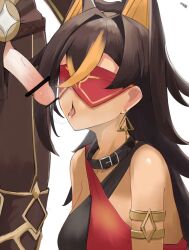 aether_(genshin_impact) animal_ears blindfold brown_hair cat_ears cat_girl censored collar cum cum_in_mouth dark_skin dehya_(genshin_impact) earrings eroborne fellatio femsub genshin_impact hand_on_head kneeling maledom multicolored_hair open_mouth penis tongue tongue_out