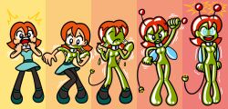 absurdres alenonimo before_and_after blue_eyes bodysuit collar comic female_only femsub glowing glowing_eyes green_skin happy_trance original simple_background standing