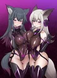  animal_ears arknights barcode black_hair blush boots breast_press breasts breath budesonide cleavage collar crotch_tattoo empty_eyes erect_nipples erect_nipples_under_clothes female_only femsub frostleaf_(arknights) gloves glowing gradient_background happy_trance headphones high_heels huge_breasts large_breasts leotard long_hair looking_at_viewer multicolored_hair multiple_girls multiple_subs nipple_piercing opera_gloves piercing pink_eyes pubic_hair pussy pussy_juice see-through simple_background smile sweat symmetrical_docking tail tattoo tech_control texas_(arknights) thigh_boots thighhighs tongue white_hair 