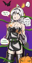 absurdres ahoge alternate_costume androgynous_dom bat_wings brain_injection breast_fondling breasts choker cleavage closed_eyes clothed costume dialogue english_text eye_color_change femsub floating ghost gloves halloween hy2300 hypnotic_plant hypnotic_tentacle large_breasts lipstick makeup night opera_gloves orange_eyes orange_lipstick outdoors plant possession pumpkin resisting shrunken_irises smile speech_bubble spiralwash_eyes text thighhighs thighs unhappy_trance very_long_hair vines weak_resistance yixuan_(zenless_zone_zero) zenless_zone_zero
