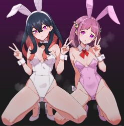  black_hair breasts bunny_ears bunny_girl bunnysuit carmine_(pokemon) cleavage clothed hair_clips high_heels kamidan kneeling lacey_(pokemon) multicolored_hair navel nintendo pink_hair pokemon pokemon_scarlet_and_violet purple_eyes red_hair simple_background thighs v 