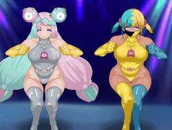 animated animated_gif black_hair blonde_hair blue_hair bouncing_breasts bow breasts canari_(pokemon) face_mask female_only femsub gloves hair_ornament huge_breasts iono_(pokemon) konnandakke leotard long_hair magnemite masturbation mochi_dance multicolored_hair multiple_girls multiple_subs nintendo pink_hair pokemon pokemon_(creature) pokemon_legends_z-a pokemon_scarlet_and_violet purple_eyes short_hair swimsuit tan_skin thighhighs twintails