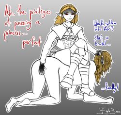  absurdres all_fours ass ass_grab blonde_hair crossed_legs dialogue eagle_bacon elf_ears english_text evil_smile eye_color_change femsub fingerless_gloves gloves gradient_background grey_background hand_on_head handjob human_furniture hypnotized_dom link malesub nintendo nude possession princess princess_zelda red_eyes royalty sitting smile sweat tagme text the_legend_of_zelda 