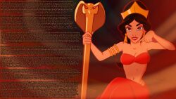 aladdin_(series) black_hair caption clothed corruption disney earrings evil_smile femdom harem_outfit hypnotic_accessory jewelry long_hair looking_at_viewer magic manip pov pov_sub princess princess_jasmine red_eyes slit_pupils smile sparrowcaribbean staff suppas_(manipper) text western
