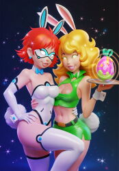  14-bis alix_kubdel bare_shoulders blonde_hair boots bow_tie bunny_ears bunny_girl captain_caveman_&amp;_the_teen_angels choker cleavage crossover earrings easter eggs happy_trance hypnotic_accessory large_breasts long_hair mask midriff miraculous_ladybug opera_gloves pink_lipstick red_hair short_hair shorts smile spiral_eyes super_hero symbol_in_eyes taffy_dare white_eyes 