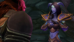 3d black_hair breasts cleavage draenei elf_ears femsub glowing horns large_breasts long_hair orc orc_(warcraft) orc_boy rexx warcraft world_of_warcraft