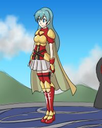 blue_eyes blue_hair dress eirika_(fire_emblem) femsub fingerless_gloves fire_emblem fire_emblem_heroes fire_emblem_the_sacred_stones mythkaz nintendo shoulder_pads standing_at_attention tagme