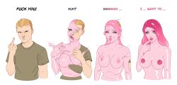  alternate_form assimilation before_and_after bimbofication blonde_hair blue_eyes breast_expansion breasts dialogue feminization finger_to_mouth goo_girl gooptg hair_growth large_breasts large_lips latex lipstick long_hair long_nails makeup malesub middle_finger nail_polish nose_ring pink_eyes pink_hair pink_lipstick pink_skin shiny_hair shiny_skin simple_background slime symbiote text transformation transgender 