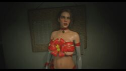 3d blue_eyes breasts brown_hair capcom christmas clothed_exposure dead_source exposed_chest gloves jill_valentine large_breasts navel open_mouth opera_gloves rermodv resident_evil resident_evil_3_remake ribbon screenshot short_hair video_game