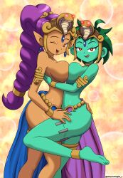 barefoot breast_press breasts dark_skin earrings elf_ears feet female_only femsub genie glowing green_hair green_skin happy_trance jewelry large_breasts magic multiple_girls open_mouth ponytail purple_hair rottytops shantae shantae_(series) short_hair smile spiral_eyes symbol_in_eyes symmetrical_docking theknight tongue tongue_out very_long_hair yuri