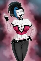 black_hair black_lipstick blue_hair breasts cleavage collar corset female_only femsub goth happy_trance large_breasts lipstick middle_finger midriff momo_yaoyorozu multicolored_hair my_hero_academia polmanning ponytail smile super_hero tattoo