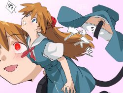 ass ass_focus asuka_langley_soryu blue_eyes blush brown_hair drool eye_color_change femsub from_behind glowing_eyes hitsugi_mc japanese_text neon_genesis_evangelion parasite possession red_eyes shrunken_irises simple_background text translation_request very_long_hair