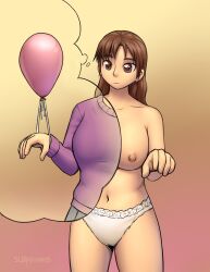  altered_perception balloon breasts brown_eyes brown_hair cameltoe erect_nipples expressionless female_only femsub illusion large_breasts long_hair navel nipples original panties pants signature simple_background sleepymaid solo sweater thought_bubble topless unaware underwear 