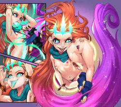 absurdres arms_above_head ass blue_eyes blush bottomless bracelet brain_injection breasts censored control_indicator corruption crown evil_smile eye_color_change femsub floating from_behind gloves glowing_eyes green_eyes happy_trance heterochromia hypnotic_smoke league_of_legends looking_at_viewer maledom midriff navel nipples open_mouth oral orange_hair portals possession purple_eyes purple_hair pussy royalty ruination slimedrippy small_breasts smile smoke sparkle spit_trail sweat tongue tongue_out topless torn_clothes undressing very_long_hair viego_(league_of_legends) zoe_(league_of_legends)