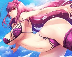 absurdres bikini breasts cleavage fate/grand_order fate_(series) female_only haganef hair_ornament happy_trance icontrol_(manipper) large_breasts long_hair looking_at_viewer manip navel scathach_(fate/grand_order) smile solo spiral_eyes swimsuit symbol_in_eyes underboob weapon wet