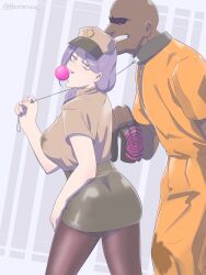  absurdres ass bald blush bubble_gum clothed collar dress erection erection_under_clothes evil_smile femdom hat horserious hypnotic_accessory long_hair looking_at_viewer malesub police_uniform policewoman purple_hair shimi skirt smile tied_hair uniform wet wet_clothes yellow_eyes 