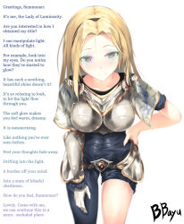 armor bbayu blonde_hair blush caption cradily_(manipper) female_only femdom gloves glowing glowing_eyes hair_band hand_on_hip hypnotic_eyes league_of_legends leaning_forward long_hair looking_at_viewer lux_(league_of_legends) manip multicolored_eyes pov pov_sub rainbow_eyes smile text