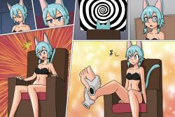 bare_legs barefoot blue_eyes blue_hair bra cat_ears cat_girl cat_tail chair collarbone comic feet femsub foot_focus foot_massage happy_trance hypnotic_screen mythkaz navel panties phantom_hand restrained short_hair sinon_(sword_art_online) sitting spiral_eyes spiralwash_eyes sword_art_online underwear