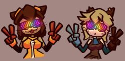 cat_girl double_v female_only femsub furry gameoverse giraffe200 glasses happy_trance hypnoshades hypnotic_accessory kit_bodega_(gameoverse) multiple_girls multiple_subs nintendo open_mouth scratch_(gameoverse) simple_background splatoon tongue_out visor 