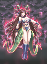 alternate_costume alternate_hairstyle aura bare_legs blush boots breasts brown_hair cleavage corruption evil_smile female_only femdom femsub final_fantasy final_fantasy_x floating hair_color_change hair_growth hair_ornament horns jewelry lady_yunalesca leebigtree necklace possession smile square_enix very_long_hair yellow_eyes yuna