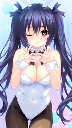 bangs bare_shoulders black_hair breasts bunny_ears bunny_girl bunnysuit femsub hair_ribbon heart_eyes hyperdimension_neptunia irori large_breasts noire ponytail red_eyes symbol_in_eyes wink