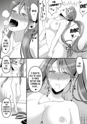 bottomless breasts camera comic dialogue drool empty_eyes femdom femsub greyscale hard_translated kazuha kissing large_breasts licking long_hair marialite masturbation monochrome nude orgasm panties possession skinsuit tagme text topless translated twintails underwear undressing