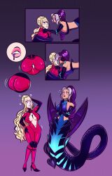  ass ass_expansion blonde_hair breast_expansion breasts cleavage cleavage_cutout comic erect_nipples erect_nipples_under_clothes femdom femsub inkyfluffsdraws kissing multicolored_hair navel original purple_eyes red_eyes 