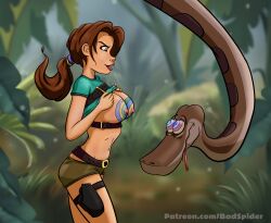  badspider breasts breasts_outside brown_hair disney femdom happy_trance humor hypnotic_breasts hypnotic_eyes kaa kaa_eyes lara_croft large_breasts malesub open_clothes shirt_lift smile snake the_jungle_book tomb_raider turning_the_tables 