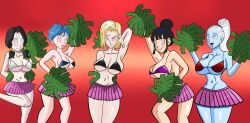 absurdres android_18 arms_above_head bare_legs bikini_top black_hair blue_hair blue_skin breasts bulma_briefs cheerleader chichi collarbone dragon_ball dragon_ball_super dragon_ball_z earrings femsub happy_trance large_breasts long_hair multiple_girls multiple_subs navel open_mouth ponytail posing red_background red_eyes short_hair simple_background skirt smile somnowalkerx spiral_eyes symbol_in_eyes vados videl white_hair