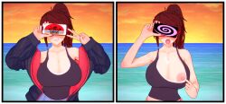 3d before_and_after breasts brown_hair drool exposed_chest female_only femsub june_summers_(thehguy) koikatsu! original phone ponytail thehguy undressing