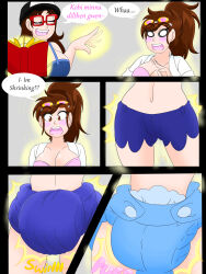 book brown_hair comic dialogue diaper glasses goggles goggles_on_head hat kobi94 large_breasts long_hair magic ponytail shrinking speech_bubble text transformation