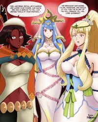  absurdres blonde_hair blue_hair breasts cape choker circlet cleavage clothed corruption crown dark_skin dress empty_eyes eve_(fire_emblem) female_only femdom femsub fire_emblem fire_emblem_engage hat huge_breasts jewelry large_breasts light_skin long_hair lumera_(fire_emblem) midriff milf multiple_girls multiple_subs necklace nintendo open_mouth ponytail red_eyes seforia_(fire_emblem) shrunken_irises signature simple_background standing syas-nomis text very_long_hair 