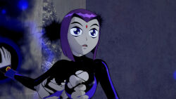 aware breast_expansion breasts clothed confused dc_comics dogdog female_only goth grey_skin magic nipples purple_eyes purple_hair raven solo torn_clothes