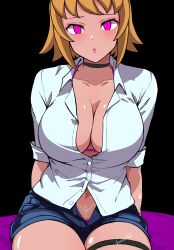  absurdres batta18th blonde_hair breasts choker cleavage collarbone empty_eyes expressionless female_only femsub fumina_hoshino glowing glowing_eyes gundam_(series) huge_breasts jean_shorts large_breasts navel panties pink_eyes short_hair shorts simple_background solo tattoo tomboy transformation unaware watermark 