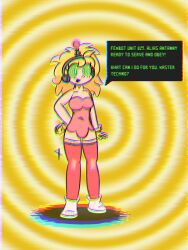  antanny_(frantheflan) antenna blonde_hair chromatic_aberration fembot frantheflan gloves green_eyes happy_trance long_hair open_mouth original shoes simple_background smile spiral spiral_background spiral_eyes standing swimsuit tech_control text unaware yellow_background 