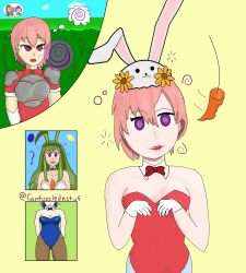 armor blue_hair bunny_girl carrot catria_(fire_emblem) confuzzled drool easter est_(fire_emblem) femsub fire_emblem fire_emblem_echoes fire_emblem_heroes green_hair happy_trance lipstick magic multiple_girls nintendo palla_(fire_emblem) pink_hair purple_eyes red_eyes sisters spiral spiral_eyes symbol_in_eyes