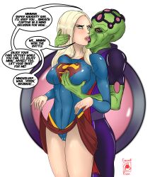 age_difference blonde_hair brainiac breast_grab breasts cameltoe carmill_prinn dc_comics dialogue erect_nipples_under_clothes eye_roll femsub french_kiss green_skin kissing long_hair maledom skirt skirt_lift speech_bubble spiral_eyes super_hero supergirl symbol_in_eyes text ugly_bastard