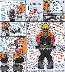 aware belt blue_eyes body_control breast_expansion bulge choker comic dialogue fanterfane fayne_(fanterfane) feminization fishnets greyscale lipstick long_hair malesub nail_polish navel oral orange_hair original parasite penis possession resisting short_skirt shorts undressing