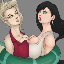 absurdres black_hair blonde_hair breast_press breasts coils earrings female_only femsub final_fantasy final_fantasy_vii jewelry kaa_eyes large_breasts open_mouth scarlet_(ff7) symmetrical_docking tifa_lockhart tomo86