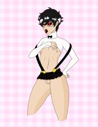  absurdres balls black_eyes black_hair black_lipstick bottomless bow_tie clothed_exposure femboy feminization glasses hand_on_hip joker_(persona_5) large_lips lipstick makeup male_only malesub miniskirt nipples open_clothes penis persona_(series) persona_5 pixelbar red_eyes ring_eyes short_hair simple_background skirt small_penis solo spiral_eyes standing suspenders 